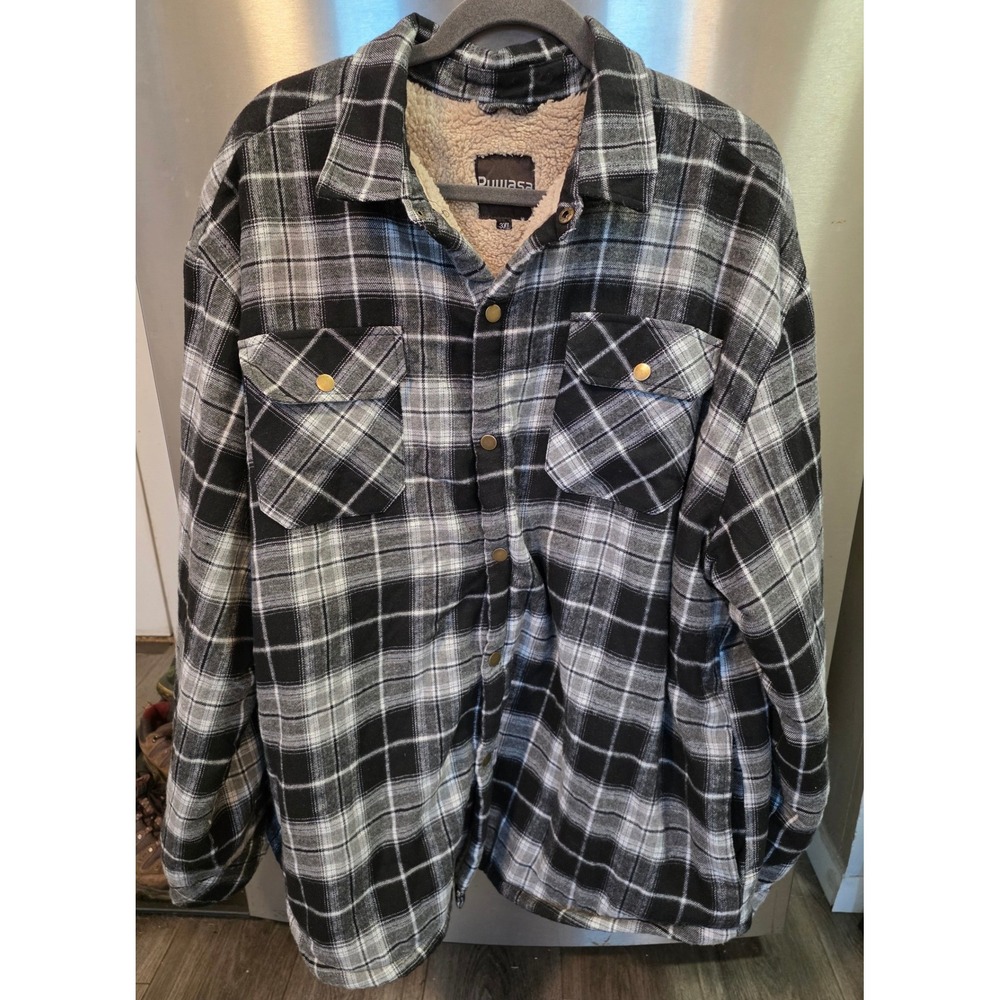 Puwasa Mens 3XL Flannel Shirt Jacket Black White Plaid Sherpa Lined Shacket
